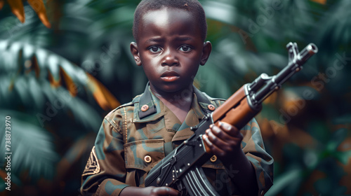 Portrait of a black child in military uniform with a machine gun in his hands. The concept of Unlawful recruitment of child soldiers photo