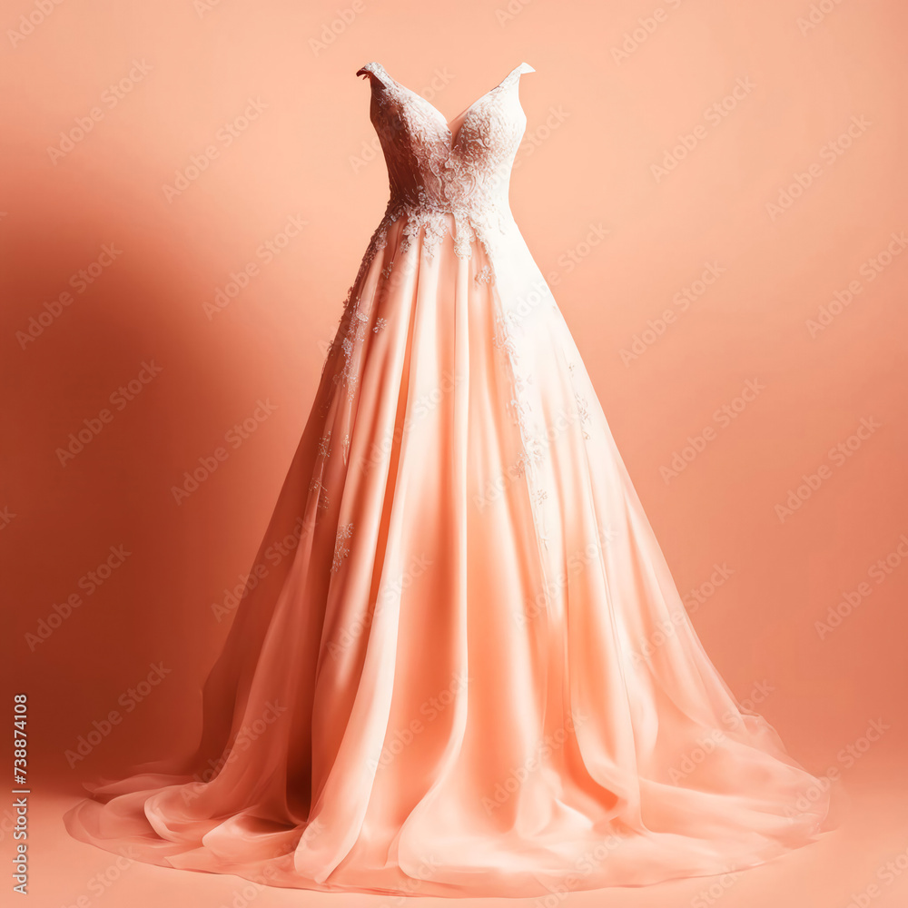 Obraz premium a magnificent, white wedding dress, a festive wardrobe. artificial intelligence generator, AI, neural network image. background for the design.