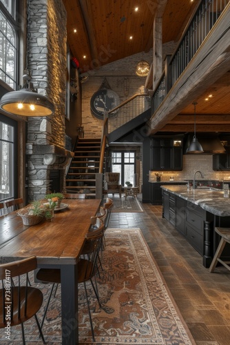 Modern Cottage Kitchen with Double Height Ceiling and Winding Stairs photo