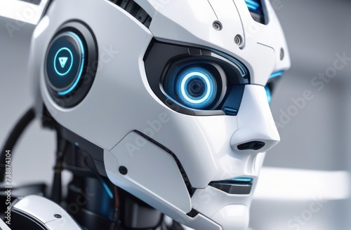 White robot closeup on a white background.Future technology concept