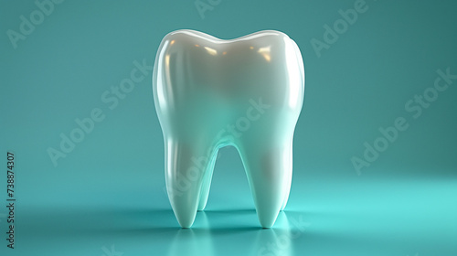 White tooth on blue and green background. Tooth care concept. Selective focus. Copy space