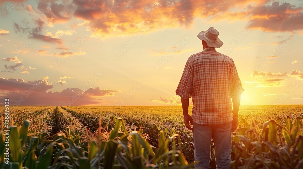 Rear view of senior farmer standing in corn field inspecting crops at sunset,