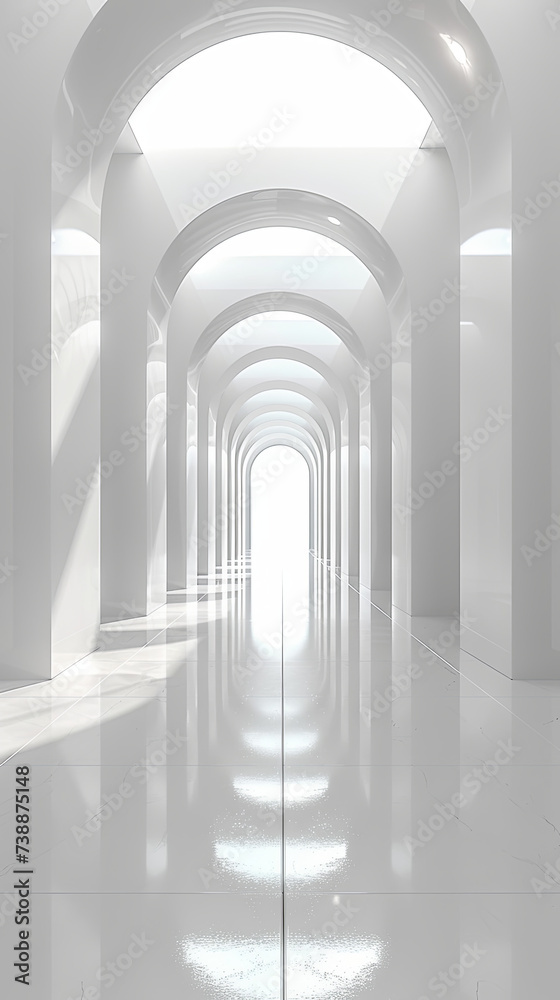 Wallpaper for smartphone: An elegant design of a bright, white corridor with arches reflecting on the glossy floor, evoking a sense of depth and serenity.