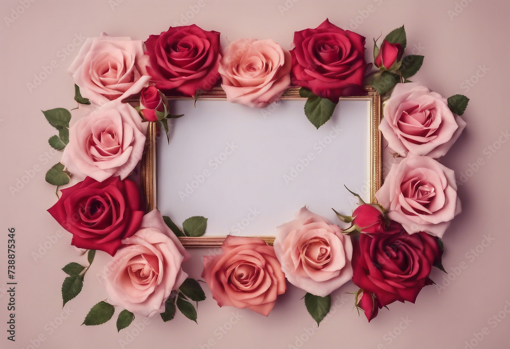 Arrangement of beautiful red and pink roses Floral flowers frame cut out on transparent background