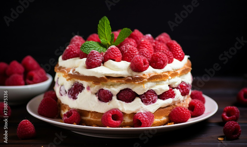 Raspberry cake with whipped cream and fresh raspberries  selective focus