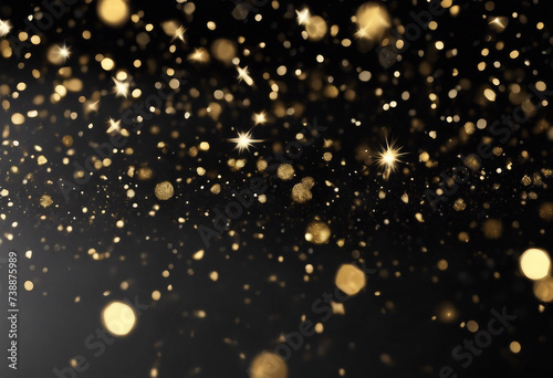 Black festive background Abstract scattering of gold sparkles and stars on black Holiday backdrop