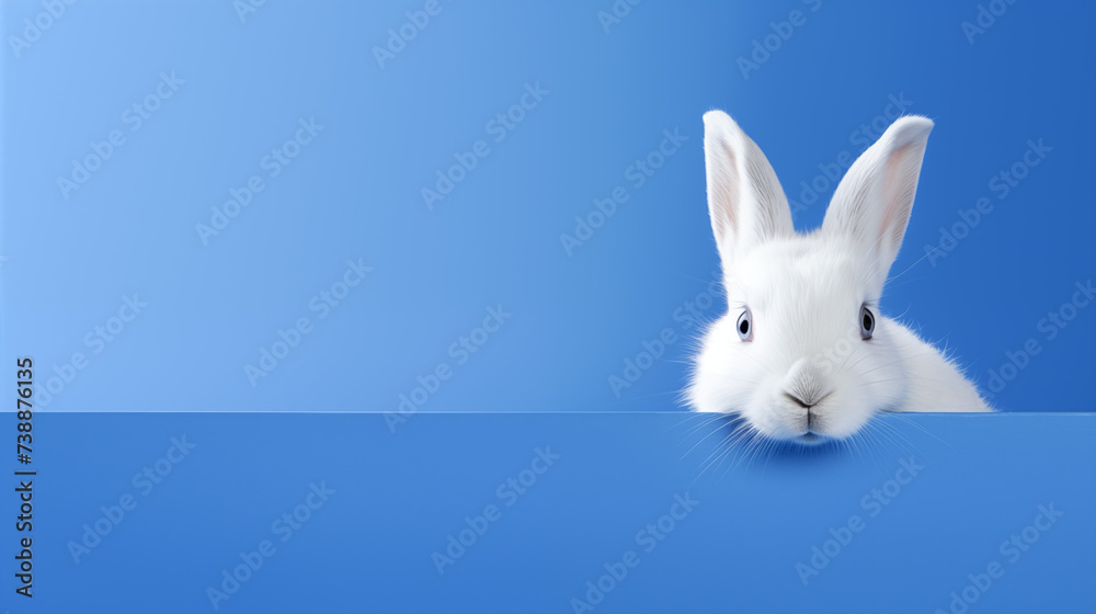 A stunningly sharp  showcasing a fluffy white bunny poking its head out of a neatly cut hole in a cobalt blue wall, the contrast between the rabbit's soft fur and the solid wall creating a visually 