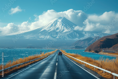 Car on a road near a lake and mountains with snow-capped peaks.