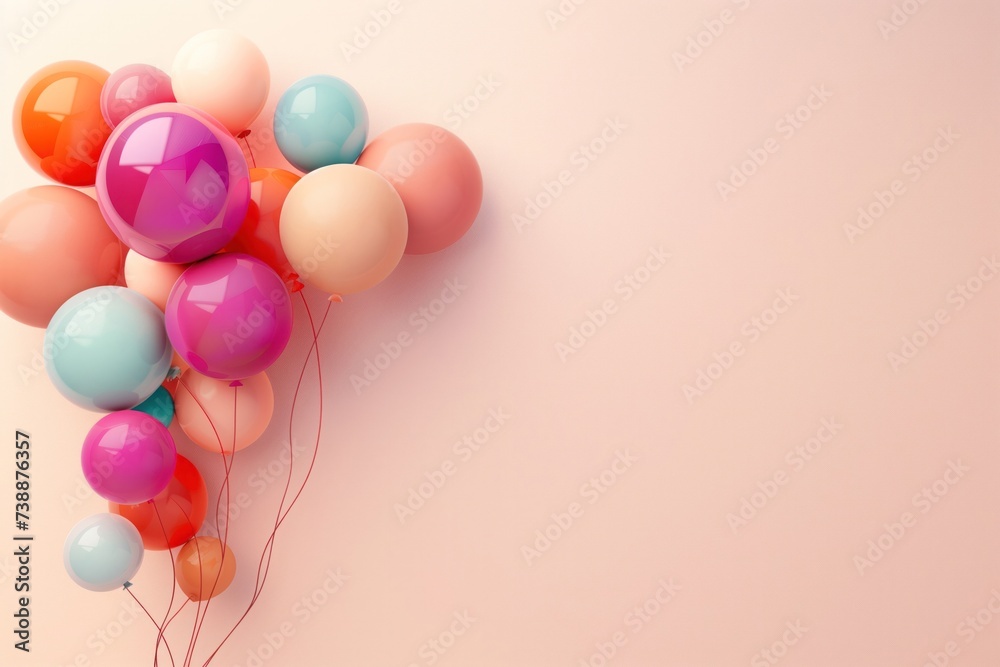 A collection of glossy balloons in pastel shades float gently against a soft pink backdrop, creating a whimsical and celebratory atmosphere. A collection of glossy balloons in pastel shades float gently against a soft pink backdrop, creating a whimsical and celebratory atmosphere.