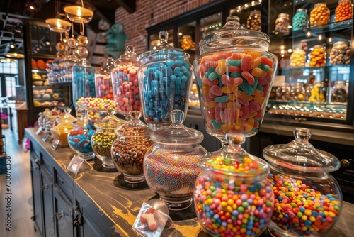 A delightful assortment of colorful candies displayed in elegant glass jars on a wooden countertop, illuminated by warm, ambient lighting