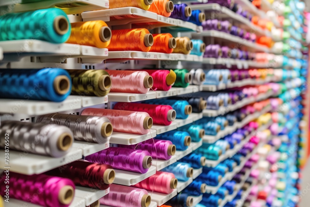 Shelves lined with spools of thread in a mesmerizing gradient of colors, showcasing a spectrum that would inspire any tailor or hobbyist in their creative textile endeavors Shelves lined with spools of thread in a mesmerizing gradient of colors, showcasing a spectrum that would inspire any tailor or hobbyist in their creative textile endeavors