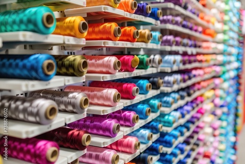 Shelves lined with spools of thread in a mesmerizing gradient of colors, showcasing a spectrum that would inspire any tailor or hobbyist in their creative textile endeavors