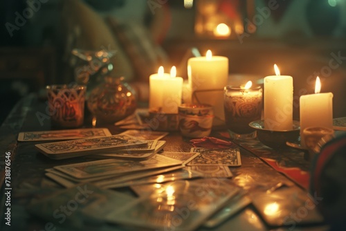 Tarot cards illuminated by candlelight, casting an enchanting aura
