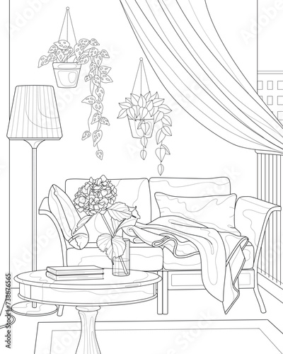 Interior. Relaxation area on the loggia. Black and white illustration, coloring book for adults.