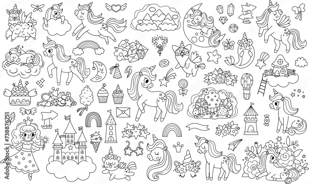 Vector black and white unicorns set. Big line collection with fairytale characters, fairy, animals with horns, castle on cloud, rainbow, falling stars, crystals, sweets. Fantasy world coloring icons.