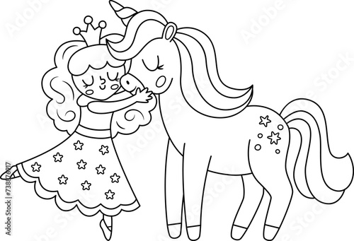 Vector black and white fairy icon. Fantasy sorceress with crown hugging a unicorn. Fairytale line character in dress with stars. Cartoon magic outline picture coloring page.