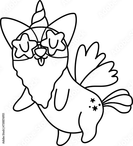 Vector black and white happy corgi dog unicorn. Fantasy line animal with rainbow horn, tail, flowers on head, wings, stars. Fairytale character for kids. Cartoon magic creature icon or coloring page.