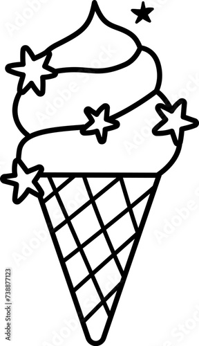 Vector black and white rainbow ice-cream cone with unicorn stars. Fairytale themed birthday or summer dessert. Cute line magic candy bar design element. Sweet ice icon or coloring page.
