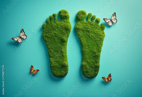 Creative eco environmental care earth day concept Barefoot footprint made of natural green moss and surrounded by butterflies on pastel green background