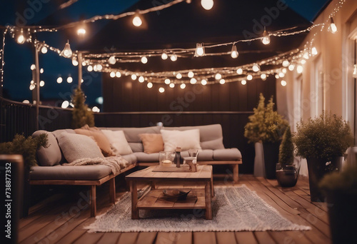 Cozy outdoor roof terrace with a sofa and coffee table is decorated with garlands and lamps  photo