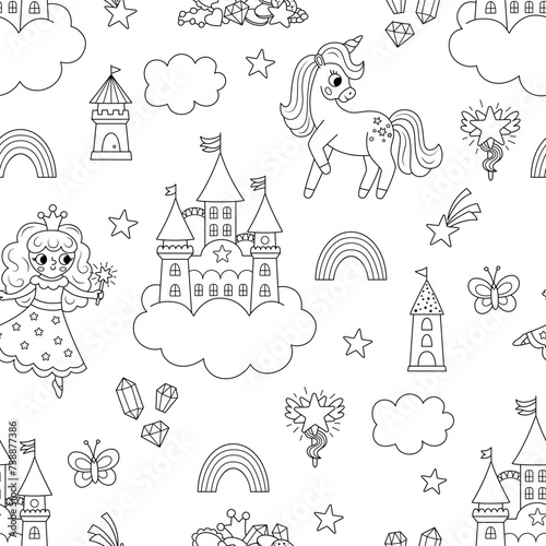 Vector black and white seamless pattern with unicorn and fairy. Repeat line background with fairytale characters, castle, rainbow, falling star, crystal. Fantasy world digital paper, coloring page.