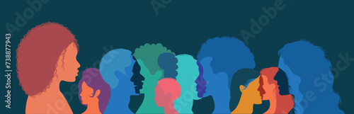 Silhouette of a group of multiethnic people. Racial equality in a multicultural society. Anti-racism concept. Profile silhouettes of different people