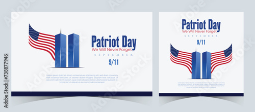 Set of Remembering September 9 11. Patriot Day. September 11. Never Forget USA 9/11. Twin Towers On American Flag. World Trade Center Nine Eleven. Vector Design Template in Red, White, And Blue Colour