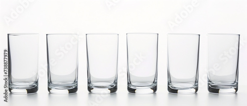 A minimalist arrangement of transparent drinking glasses on a pristine white background.