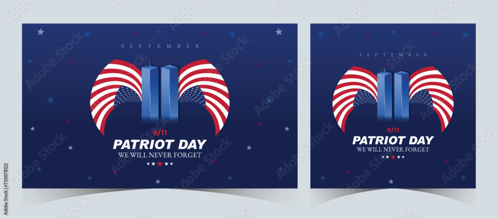 Set of Remembering September 9 11. Patriot Day. September 11. Never Forget USA 9/11. Twin Towers On American Flag. World Trade Center Nine Eleven. Vector Design Template in Red, White, And Blue Colour