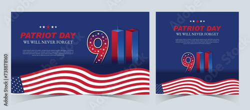Set of Remembering September 9 11. Patriot Day. September 11. Never Forget USA 9/11. Twin Towers On American Flag. World Trade Center Nine Eleven. Vector Design Template in Red, White, And Blue Colour