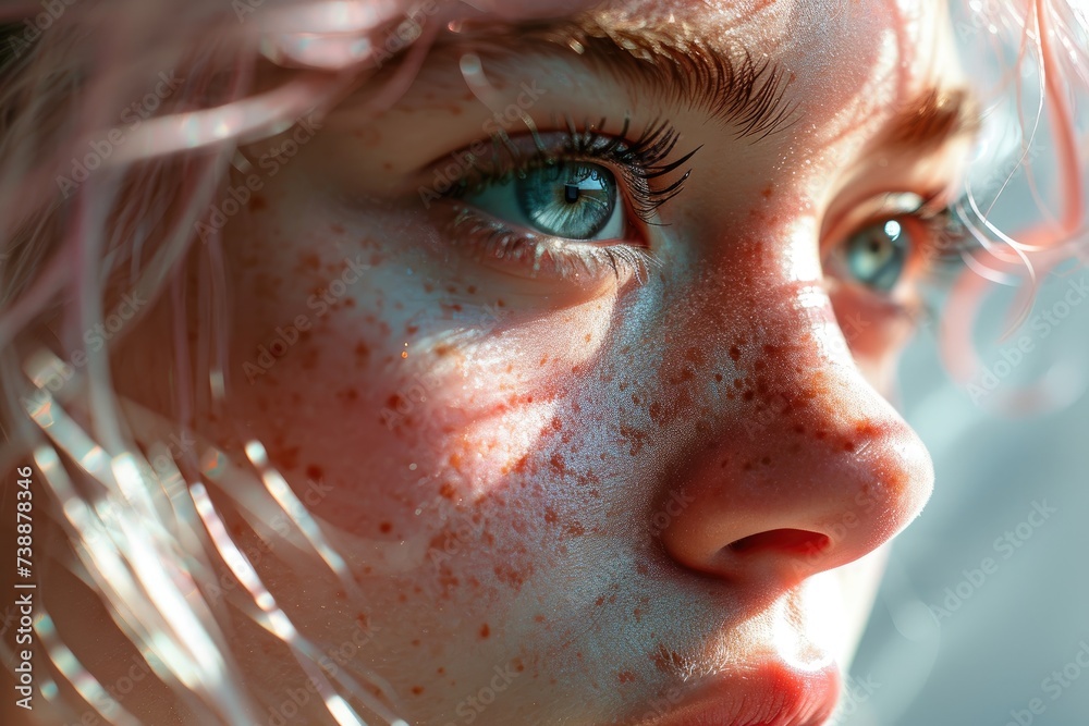 person with freckles on her face, highlighting the unique patterns and features that make her face one of a kind