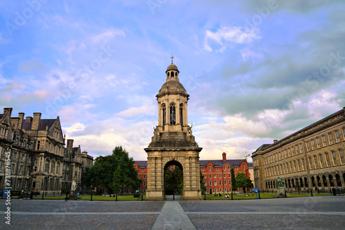 Historic campanile and architecture of Trinity College at sunset, Dublin, Ireland