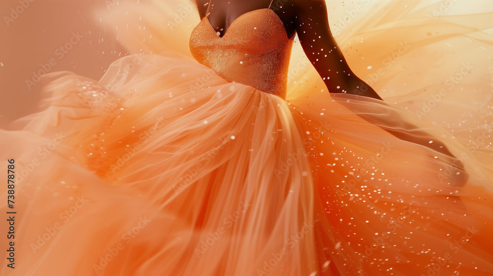Elegant Black Woman in a Vibrant Peach Tulle Skirt with Glittering Details