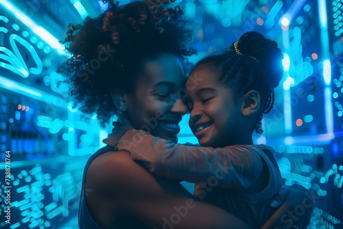 A Joyful Embrace Between a Mother and Daughter in a Technologically-Inspired Setting. Concept Family Bonding, Technology Theme, Mother-Daughter Moment, Joyful Embrace, Technological Setting