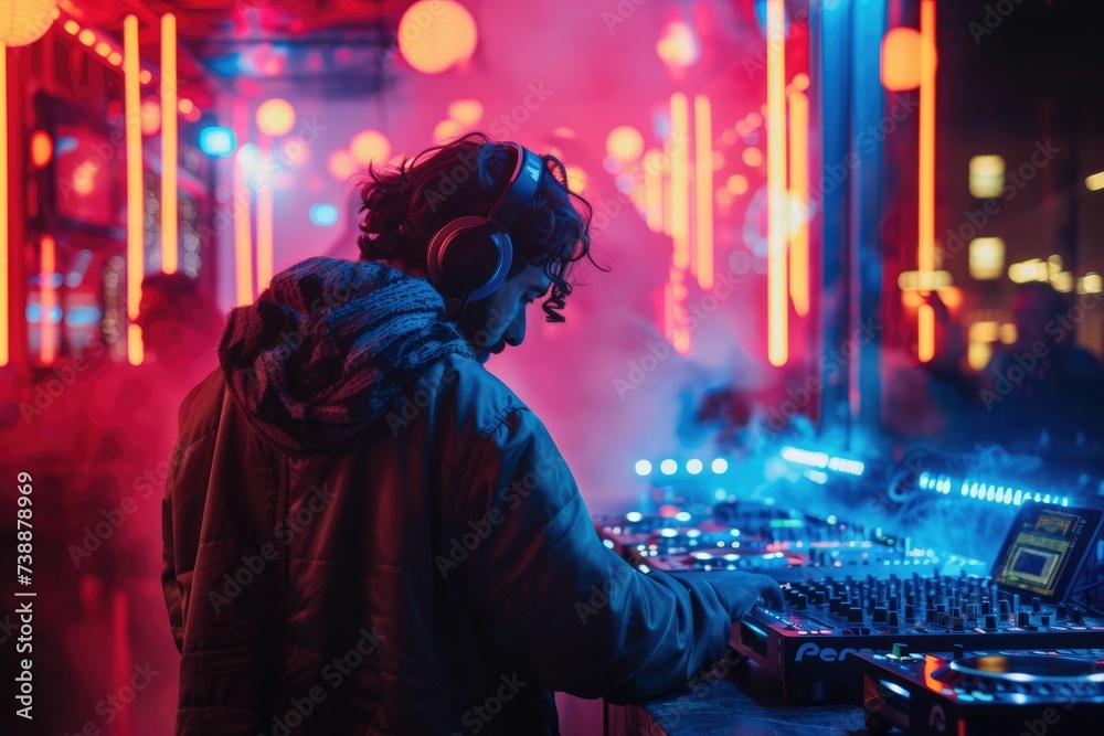 A DJ immersed in mixing music at a vibrant nightclub with neon lights and a dynamic atmosphere, captivating the party crowd.
