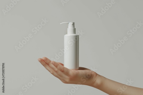 Elegant close-up of a hand presenting a high-end cream bottle mockup  set against a neutral backdrop to highlight the product s sophistication 