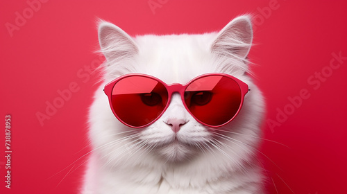 portrait of a white cat with red eye glass on red background