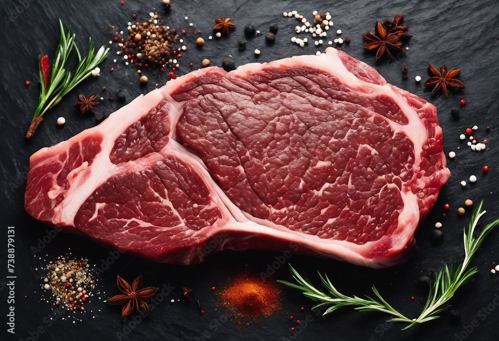 Fresh raw marbled beef rib eye steak rosemary and spices on black stone background top view