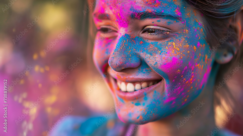 Happy Young woman with colorful pink and blue Holi powder smiling