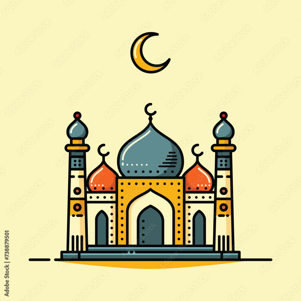 A vibrant illustration of a mosque with line art style and flat color, perfect for Ramadan, Eid, and Islamic event