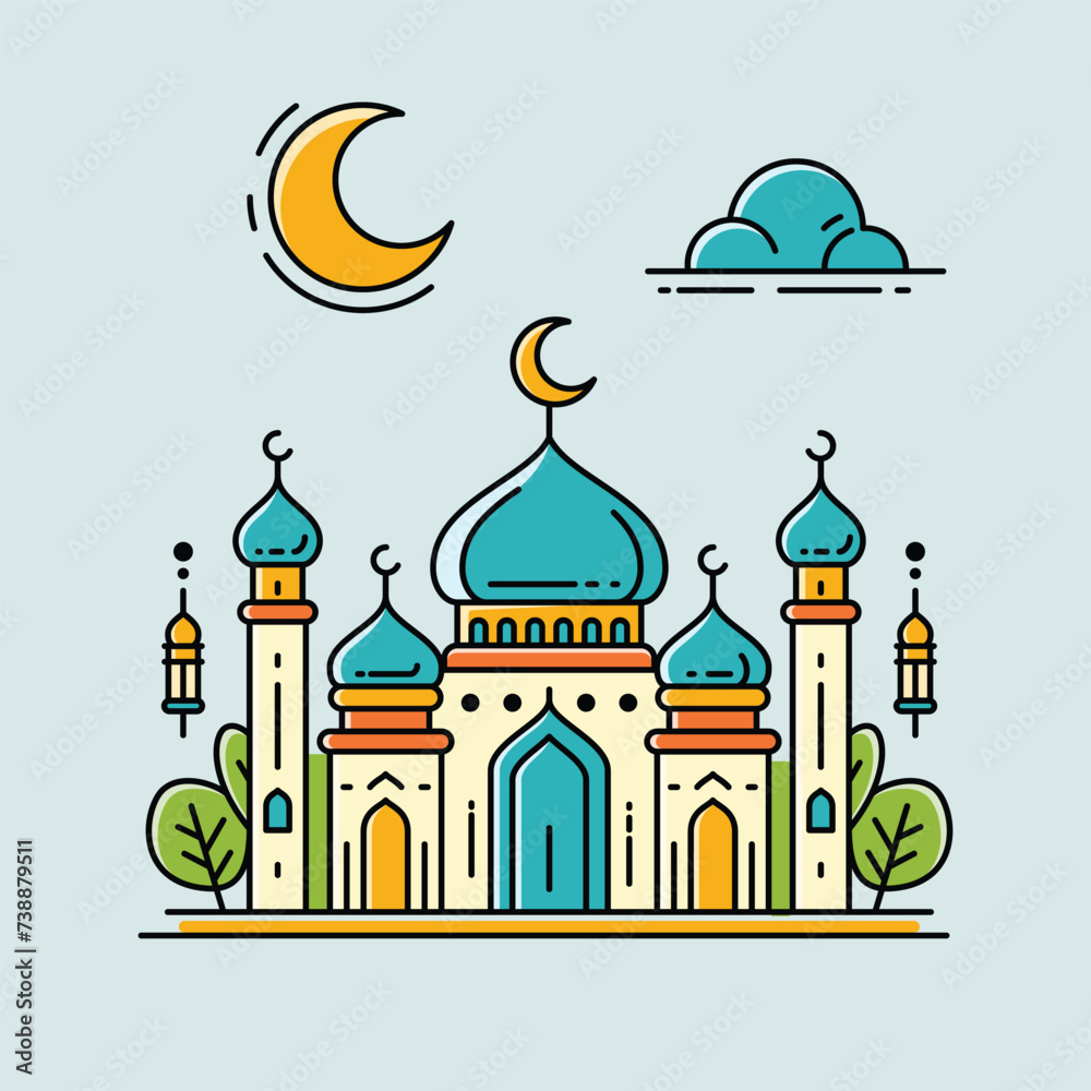 A vibrant illustration of a mosque with line art style and flat color, perfect for Ramadan, Eid, and Islamic event
