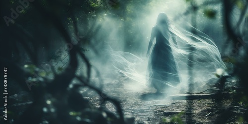 An eerie atmosphere is created by a spooky forest scene featuring a ghostly apparition. Concept Ghostly Apparition, Eerie Forest, Spooky Atmosphere, Haunting Portrait, Paranormal Phenomenon © Ян Заболотний