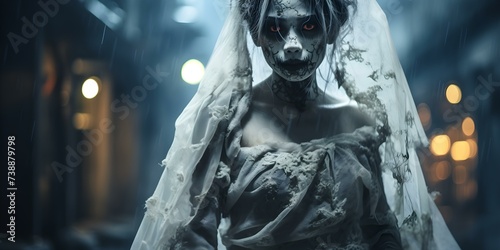 Asian woman with ghostly makeup portrays a zombie bride for a Halloween festival. Concept Halloween Makeup, Zombie Bride, Asian Model, Spooky Photoshoot, Halloween Festival photo