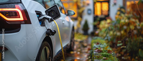 Charging an electric car at home, among the greenery, in the rain. The concept of modern technologies and zero emissions photo