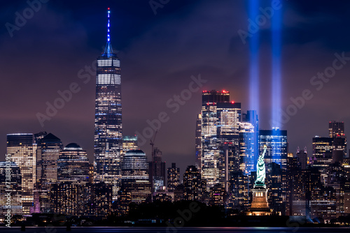 world trade center with tribute in light