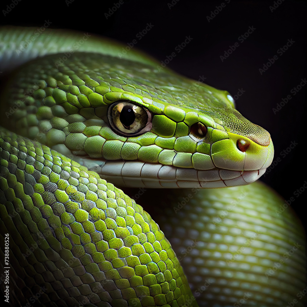 Fototapeta premium Close-Up Green Snake Portrait in a Professional Studio