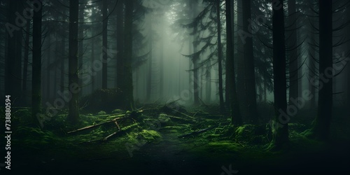 Eerie forest shrouded in mist creating an ominous and haunting atmosphere. Concept Misty Forest, Ominous Atmosphere, Eerie Photography, Haunting Landscape, Nature Photography photo