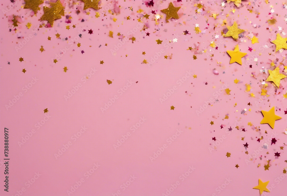Pink and yellow pastel Stars Glitter Confetti on pink background Festive backdrop Frame made of golden stars and glitters on pink background