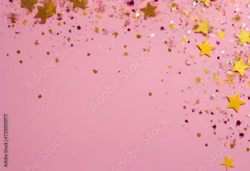 Pink and yellow pastel Stars Glitter Confetti on pink background Festive backdrop Frame made of golden stars and glitters on pink background