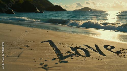 Romantic Sunset with "Love" Inscribed in the Sandy Beach